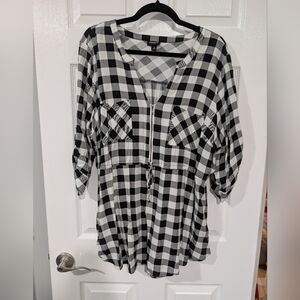 Torrid Black & White Plaid Babydoll Stretch Challis Zip-Front Tunic Top Size 3